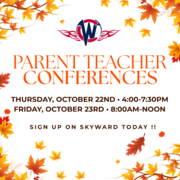 A autumn-themed flyer bordered with falling orange and red maple leaves, featuring the West Central "W" logo with flames at the top. Large orange text reads "PARENT TEACHER CONFERENCES" followed by dates: Thursday, October 22nd from 4:00-7:30 PM and Frida